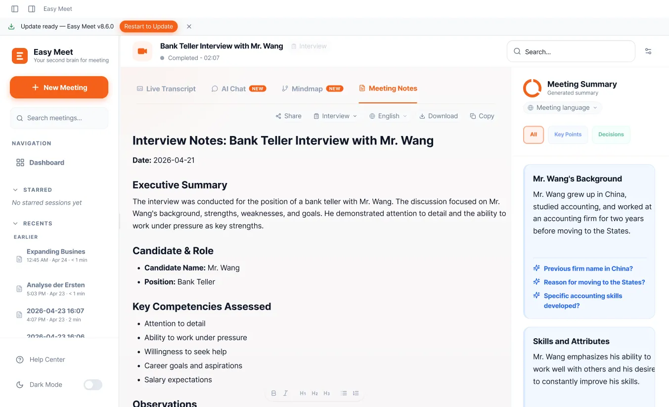 Interview meeting notes template